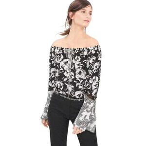 White House Black Market Off-The-Shoulder Black + White Floral Top Size Small